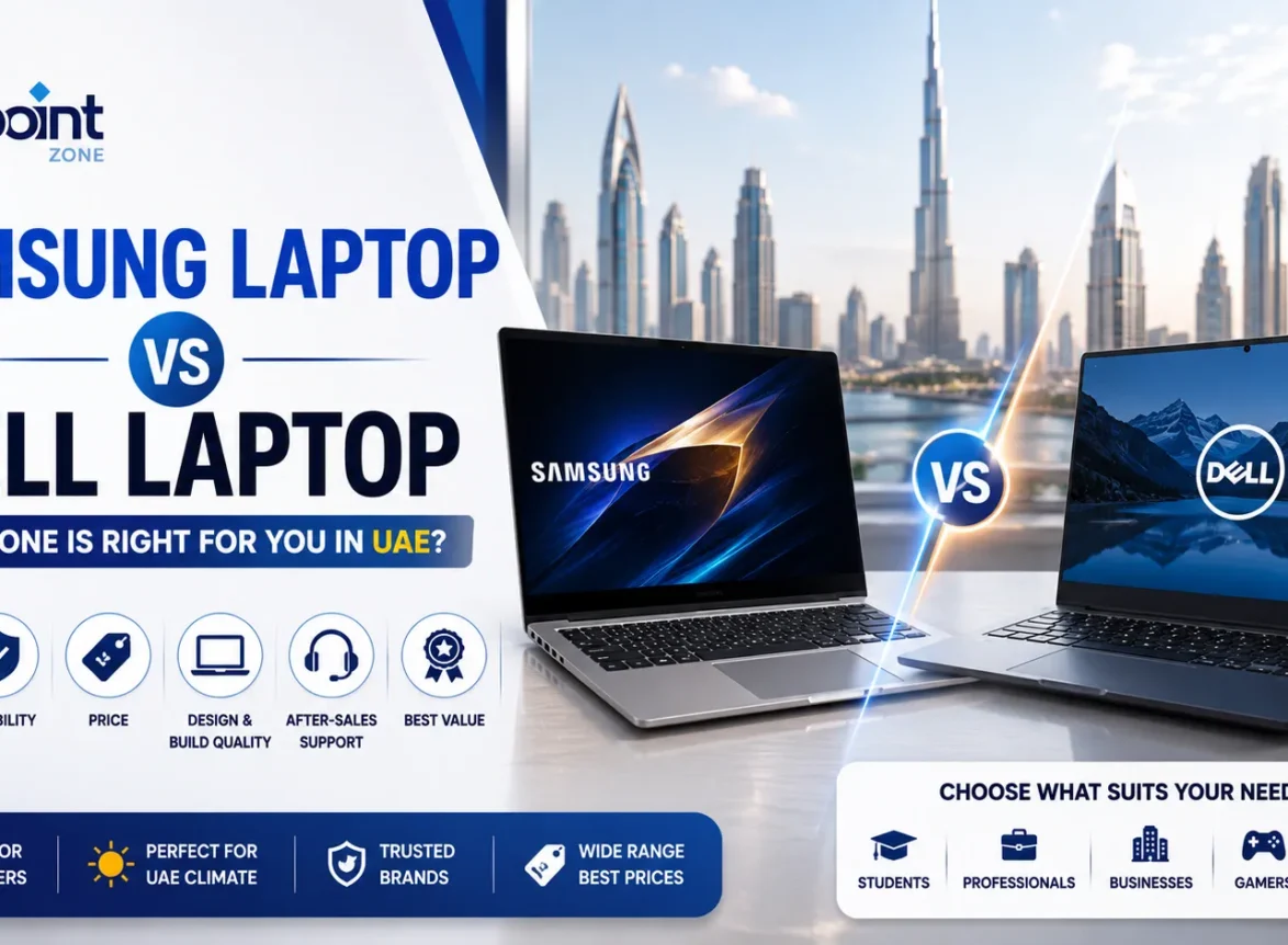 Samsung Galaxy Book and Dell laptop side by side on a desk with the Dubai skyline behind – Samsung vs Dell laptop comparison for UAE buyers