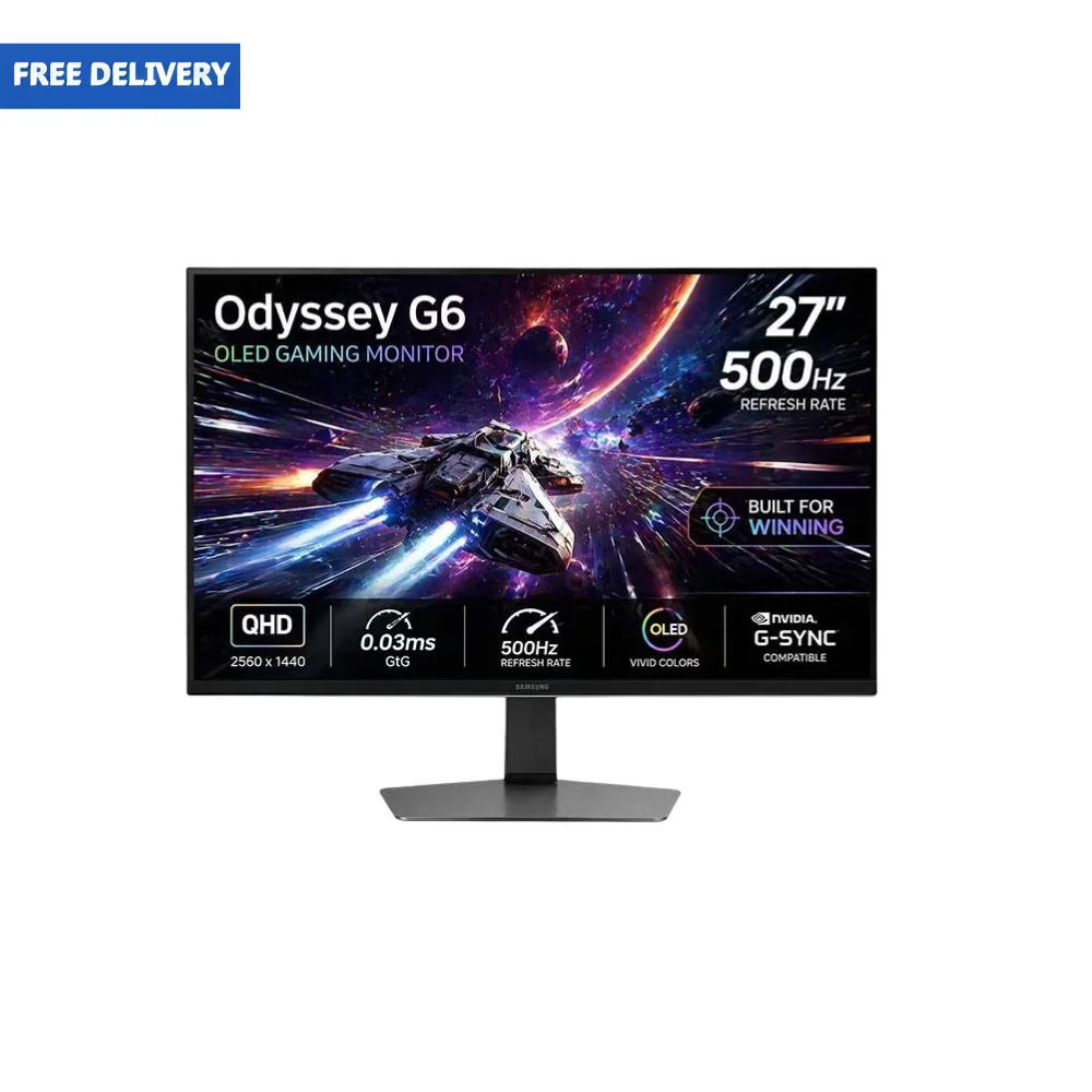 Samsung Odyssey G6 G60SF 27" OLED Gaming Monitor – QHD 2560×1440, 480Hz, 0.03ms, G-Sync Compatible, FreeSync Premium Pro – Silver | LS27FG602SMXUE