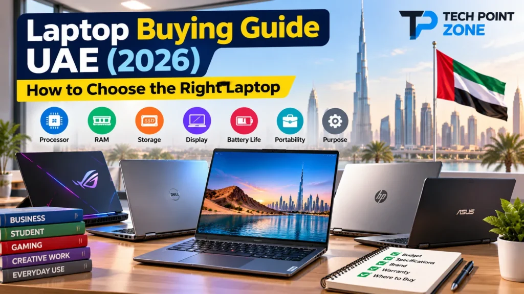 Dell, HP, ASUS and ASUS ROG laptops on a desk in Dubai with a buying checklist – laptop buying guide UAE 2026