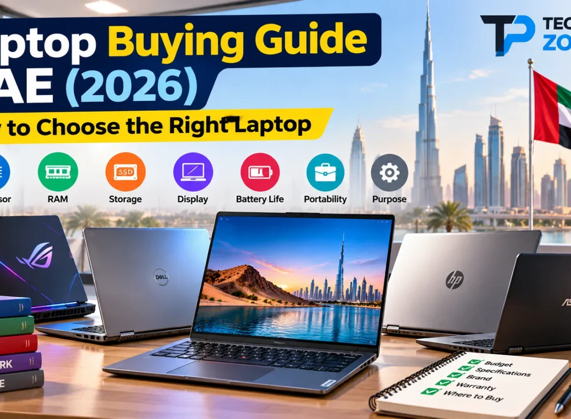 Dell, HP, ASUS and ASUS ROG laptops on a desk in Dubai with a buying checklist – laptop buying guide UAE 2026