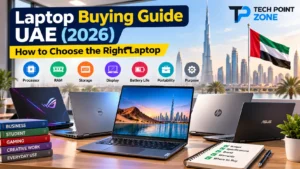 Dell, HP, ASUS and ASUS ROG laptops on a desk in Dubai with a buying checklist – laptop buying guide UAE 2026