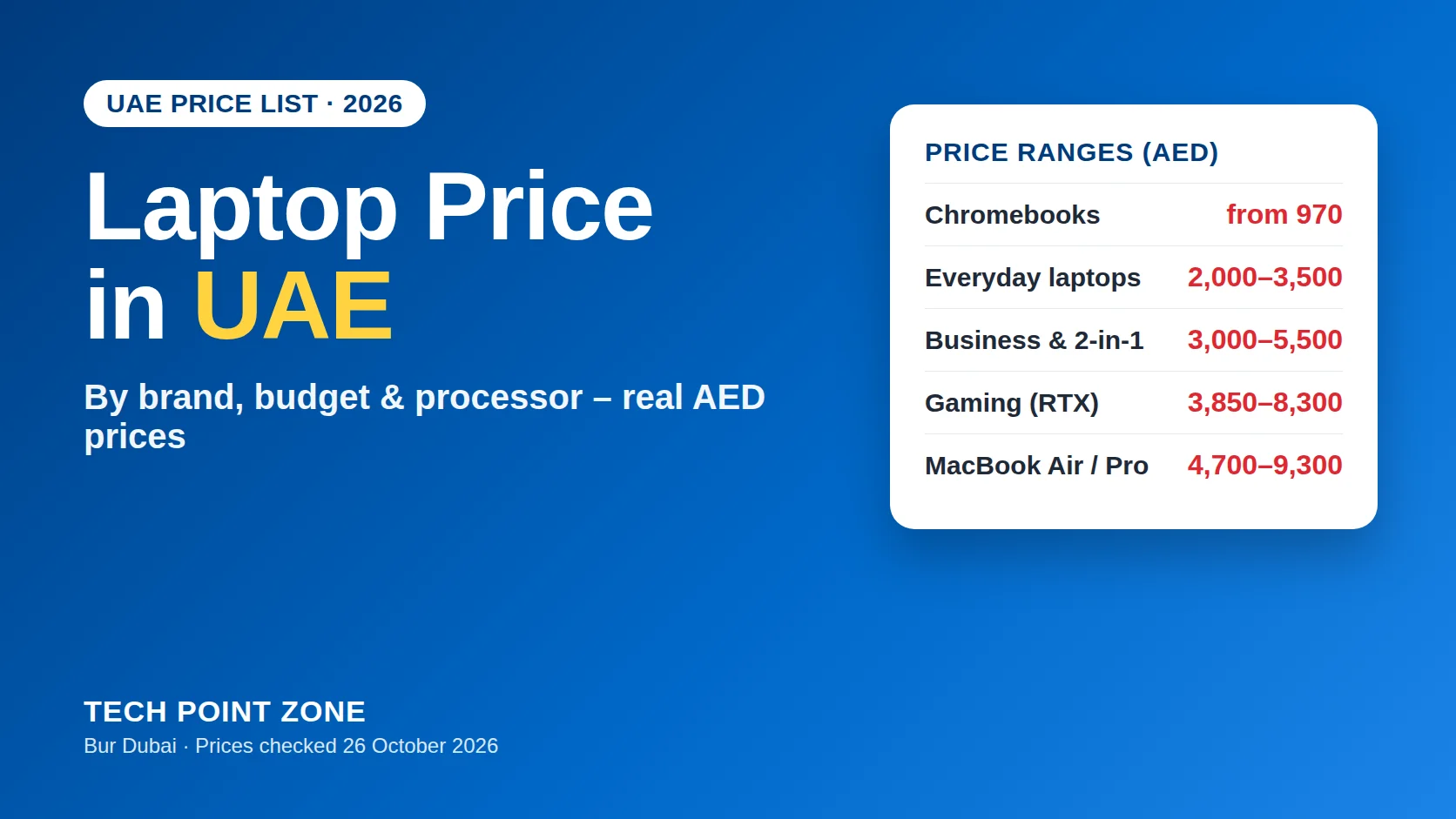 Laptop price in UAE 2026 – price ranges in AED for Chromebooks, everyday, business, gaming laptops and MacBooks at Tech Point Zone Dubai