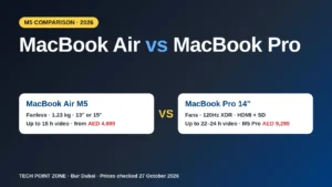 MacBook Air M5 vs MacBook Pro 14-inch comparison 2026 – fanless Air from AED 4,699 vs MacBook Pro with 120Hz XDR screen, HDMI and SD slot